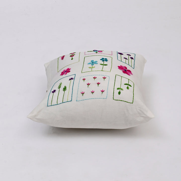 White Cotton Pillow Cover with Multicolour Embroidery | Handcrafted Elegance for Modern Homes