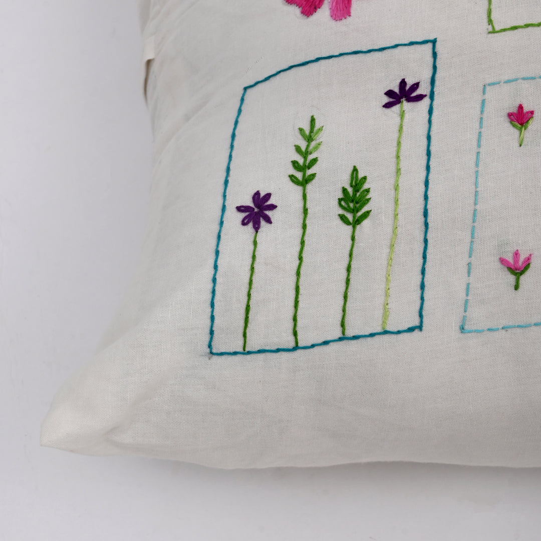 White Cotton Pillow Cover with Multicolour Embroidery | Handcrafted Elegance for Modern Homes