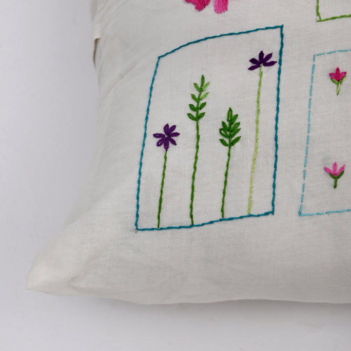 White Cotton Pillow Cover with Multicolour Embroidery | Handcrafted Elegance for Modern Homes