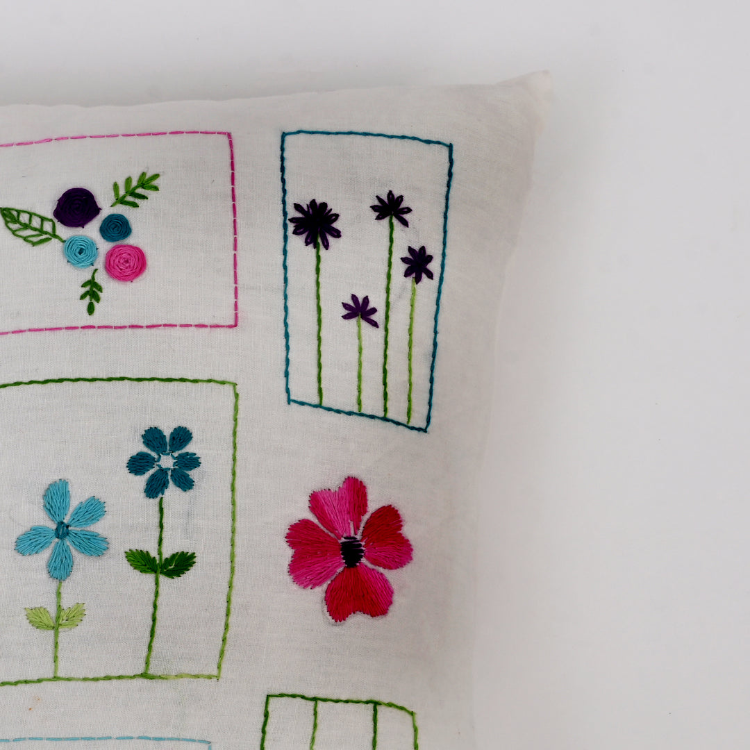 White Cotton Pillow Cover with Multicolour Embroidery | Handcrafted Elegance for Modern Homes