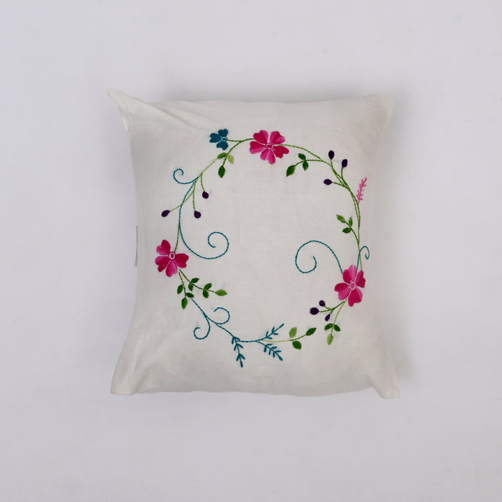 White Cotton Pillow Cover with Multicolour Embroidery | Handcrafted Elegance for Modern Homes