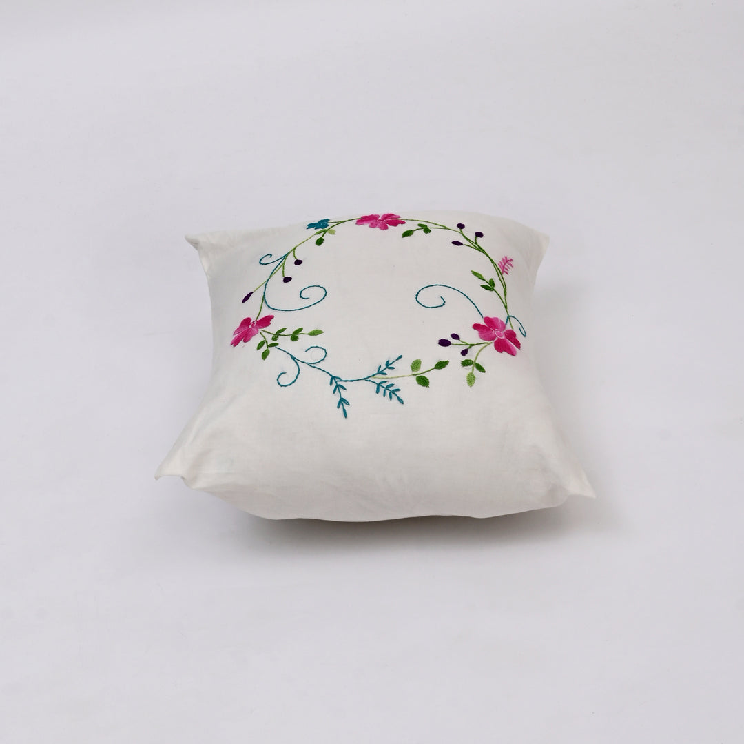 White Cotton Pillow Cover with Multicolour Embroidery | Handcrafted Elegance for Modern Homes