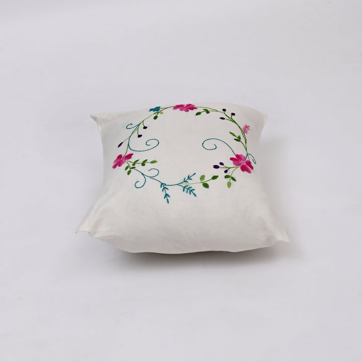 White Cotton Pillow Cover with Multicolour Embroidery | Handcrafted Elegance for Modern Homes