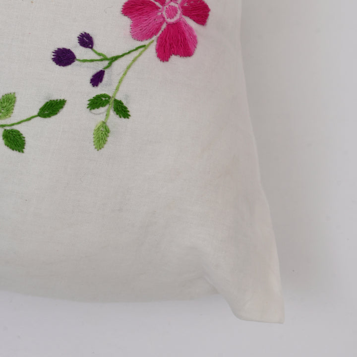 White Cotton Pillow Cover with Multicolour Embroidery | Handcrafted Elegance for Modern Homes