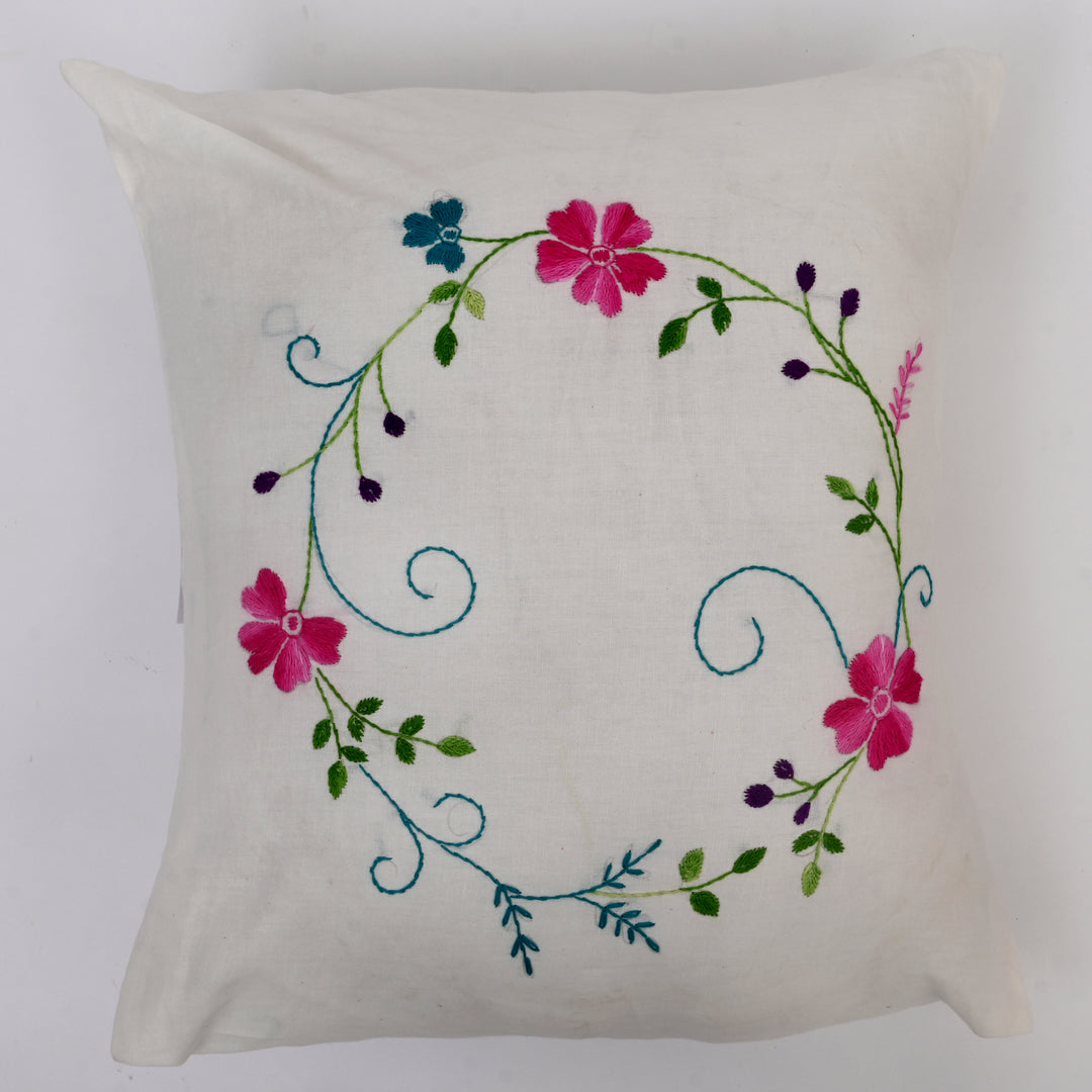 White Cotton Pillow Cover with Multicolour Embroidery | Handcrafted Elegance for Modern Homes