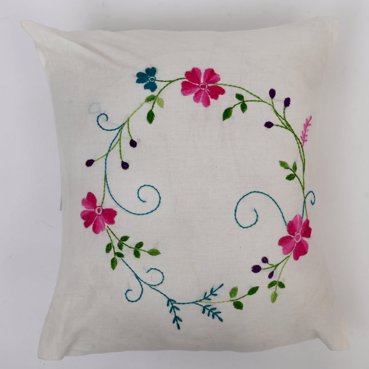 White Cotton Pillow Cover with Multicolour Embroidery | Handcrafted Elegance for Modern Homes
