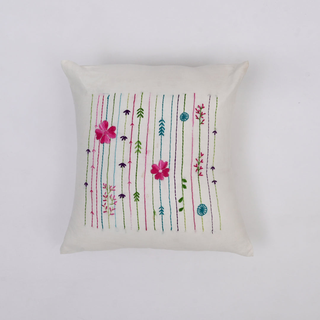 White Cotton Pillow Cover with Multicolour Embroidery | Handcrafted Elegance for Modern Homes