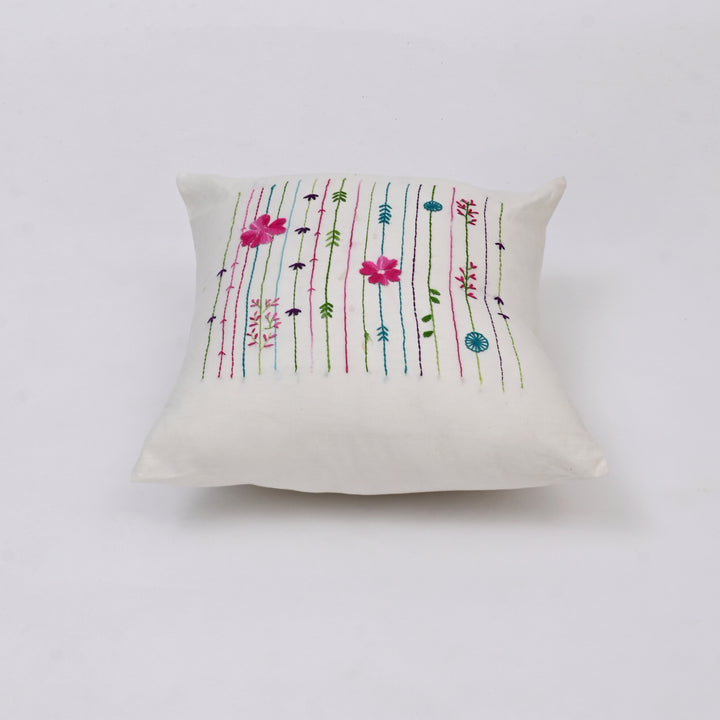 White Cotton Pillow Cover with Multicolour Embroidery | Handcrafted Elegance for Modern Homes