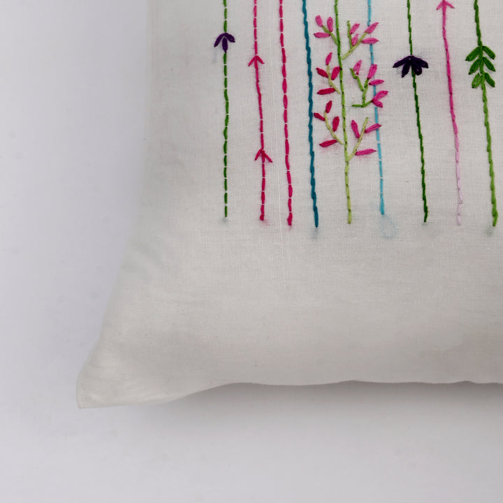 White Cotton Pillow Cover with Multicolour Embroidery | Handcrafted Elegance for Modern Homes