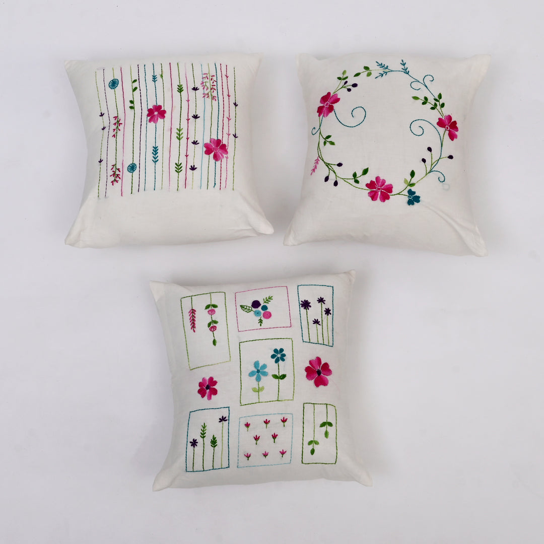 White Cotton Pillow Cover with Multicolour Embroidery | Handcrafted Elegance for Modern Homes