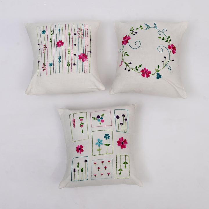 White Cotton Pillow Cover with Multicolour Embroidery | Handcrafted Elegance for Modern Homes