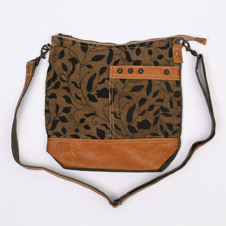 Canvas Leaf Print Sling Bag | Trendy Daily Companion with Tan Leather Handles