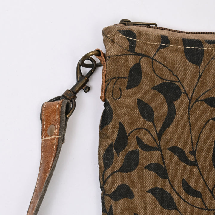 Canvas Leaf Print Sling Bag | Trendy Daily Companion with Tan Leather Handles