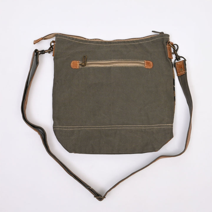 Canvas Leaf Print Sling Bag | Trendy Daily Companion with Tan Leather Handles