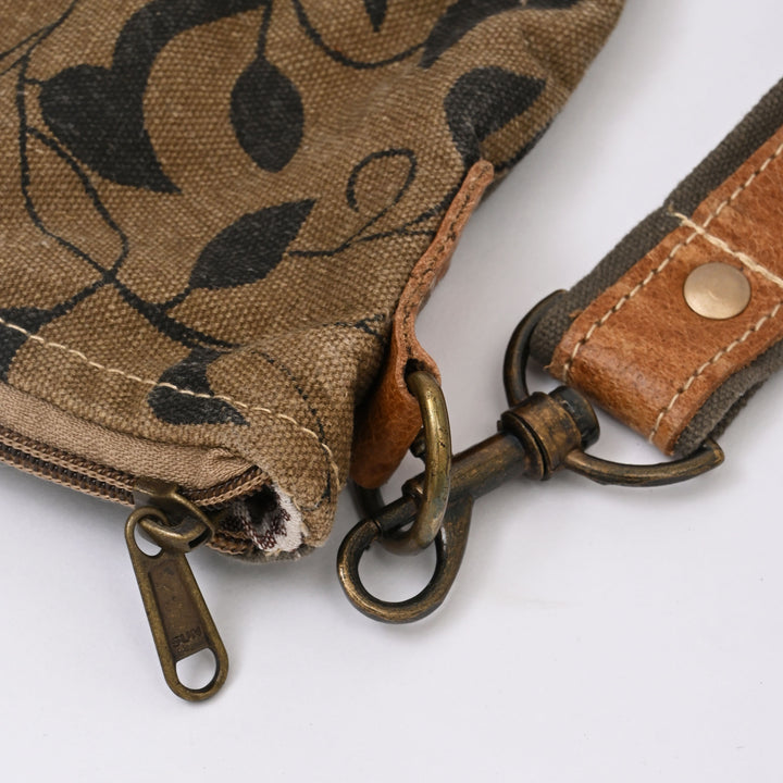 Canvas Leaf Print Sling Bag | Trendy Daily Companion with Tan Leather Handles