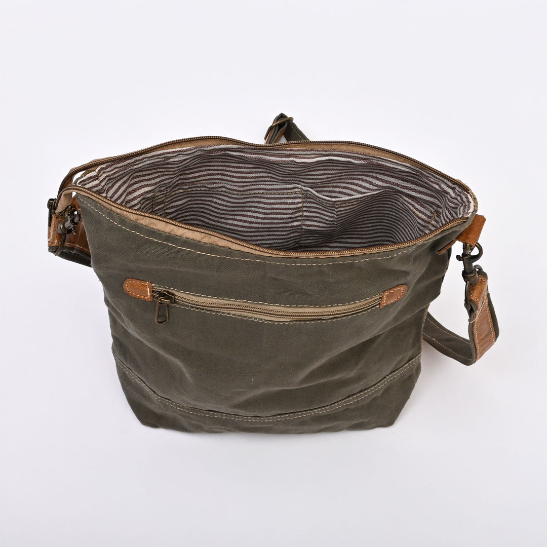 Canvas Leaf Print Sling Bag | Trendy Daily Companion with Tan Leather Handles
