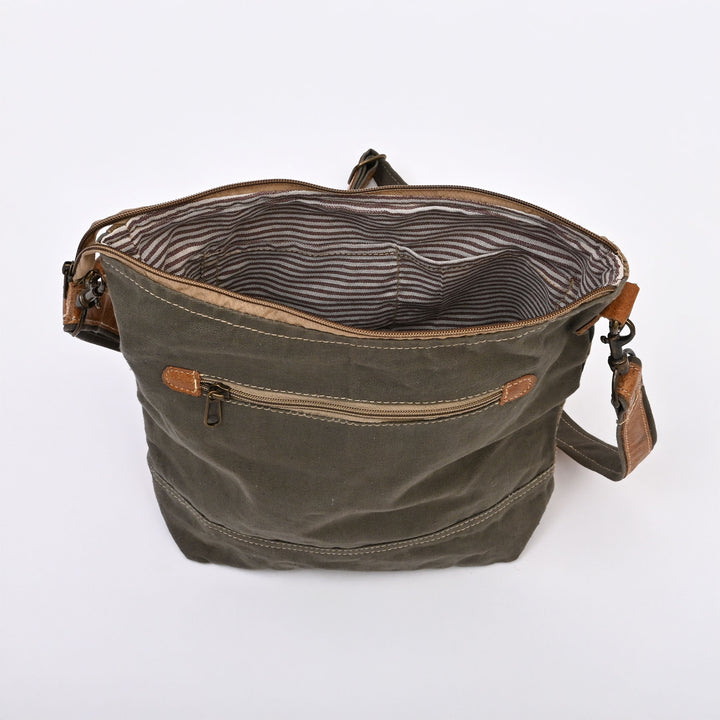 Canvas Leaf Print Sling Bag | Trendy Daily Companion with Tan Leather Handles