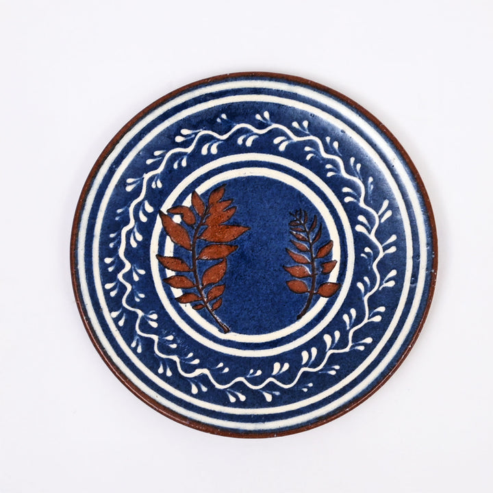 Handmade Terracotta Serving Plate | Blue & White Slip with Transparent Glaze