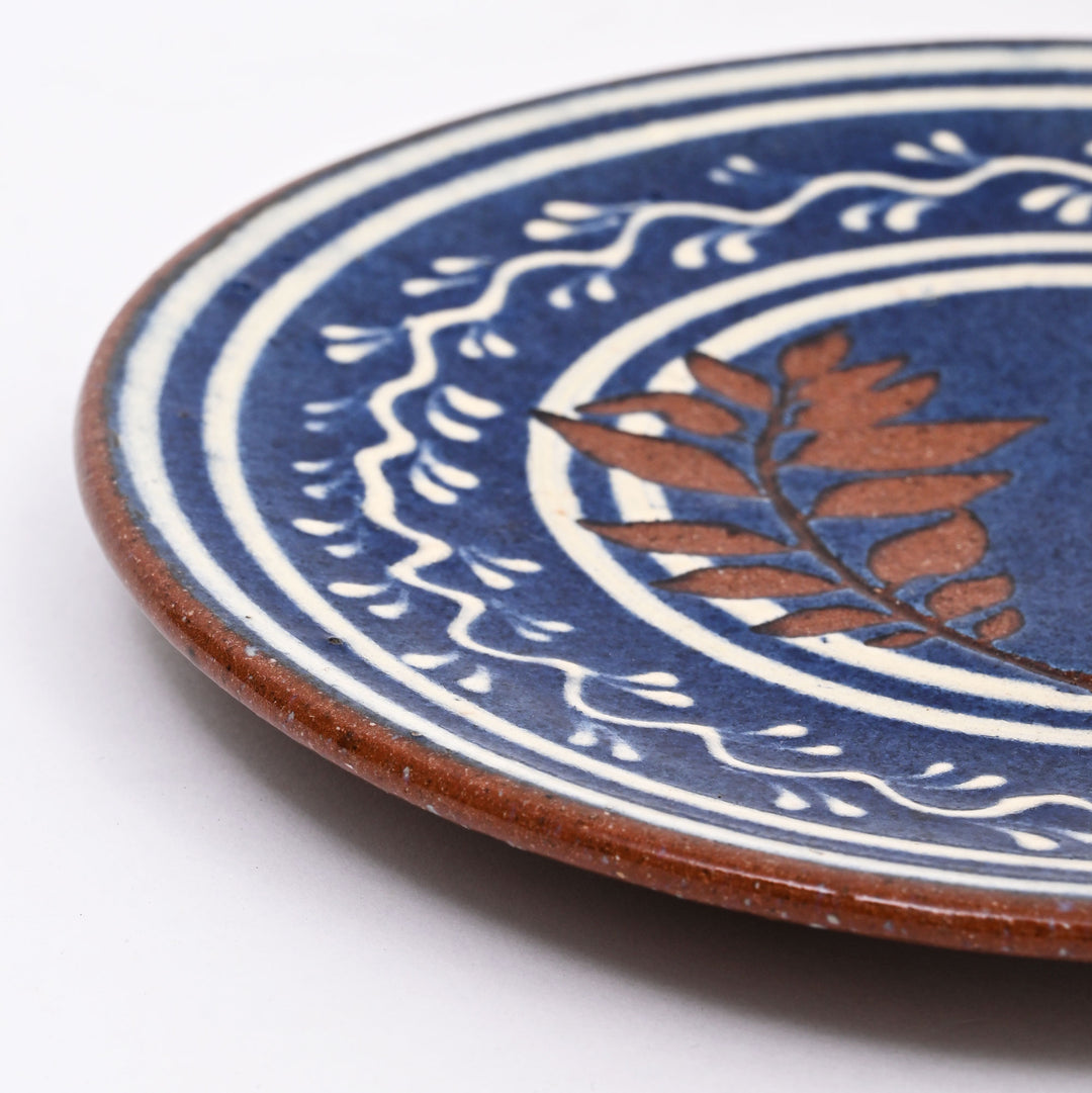 Handmade Terracotta Serving Plate | Blue & White Slip with Transparent Glaze