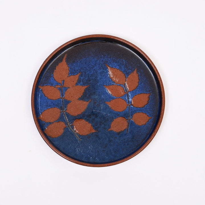 Handmade Terracotta Dinner Plate | Fresh Leaf Impression with Blue Slip & Transparent Glaze