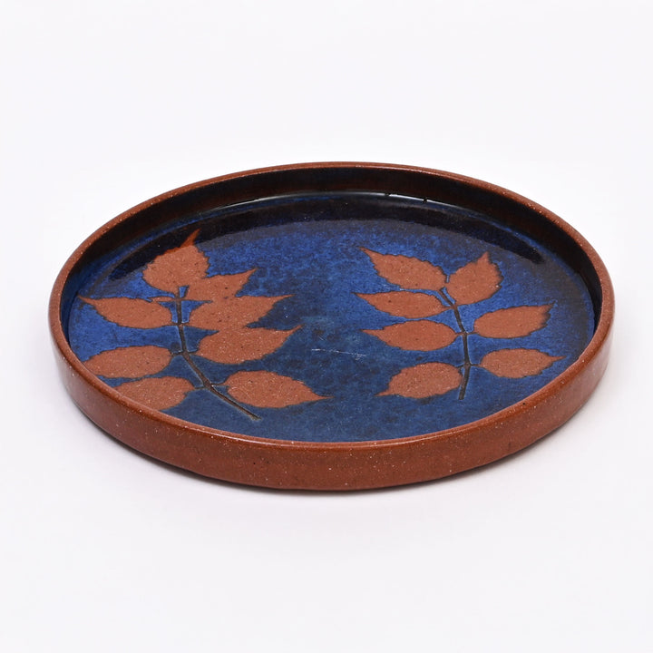 Handmade Terracotta Dinner Plate | Fresh Leaf Impression with Blue Slip & Transparent Glaze
