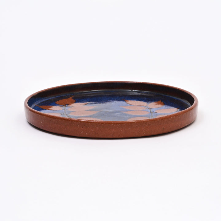 Handmade Terracotta Dinner Plate | Fresh Leaf Impression with Blue Slip & Transparent Glaze