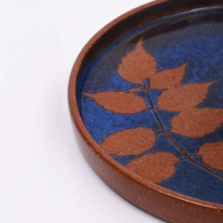 Handmade Terracotta Dinner Plate | Fresh Leaf Impression with Blue Slip & Transparent Glaze