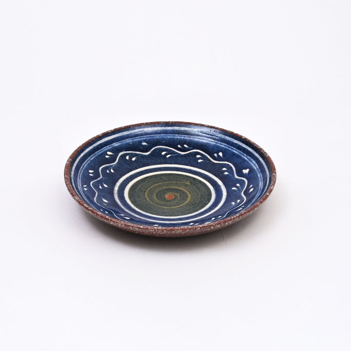 Handmade Terracotta Saucer Plate | Hand Painted Blue Slip with Transparent Glaze
