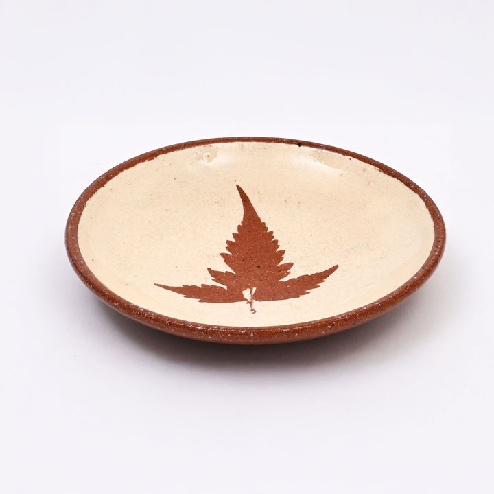 Handmade Terracotta Saucer Plate | Leaf Motif in White Slip with Transparent Glaze