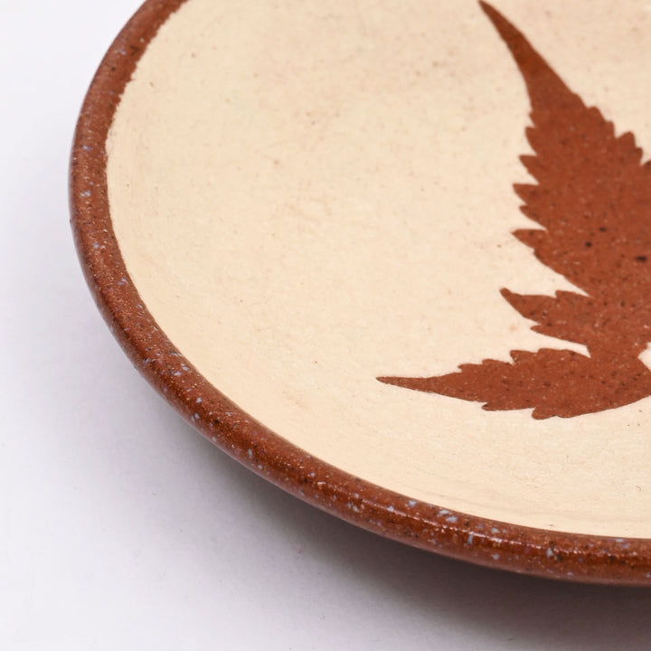 Handmade Terracotta Saucer Plate | Leaf Motif in White Slip with Transparent Glaze
