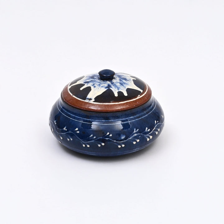 Handmade Terracotta Handi | White & Blue Slip with Transparent Glaze | Traditional Clay Pot with Artistic Detailing