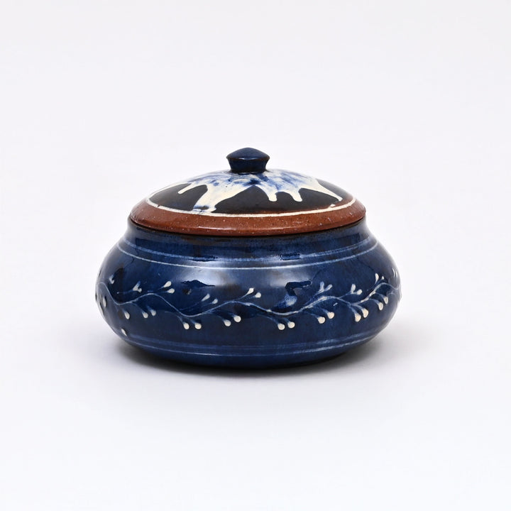Handmade Terracotta Handi | White & Blue Slip with Transparent Glaze | Traditional Clay Pot with Artistic Detailing