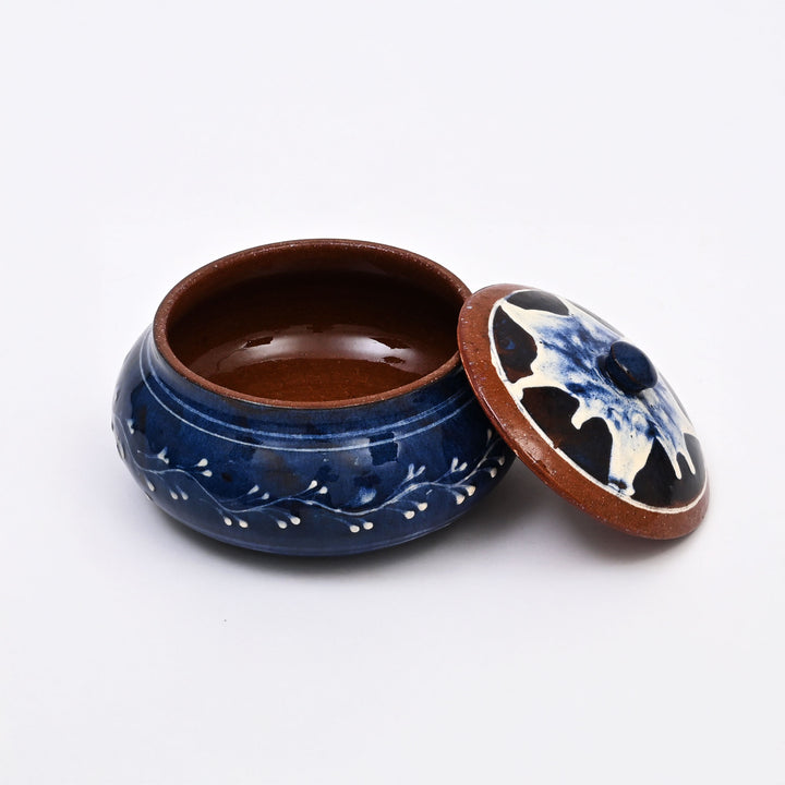 Handmade Terracotta Handi | White & Blue Slip with Transparent Glaze | Traditional Clay Pot with Artistic Detailing