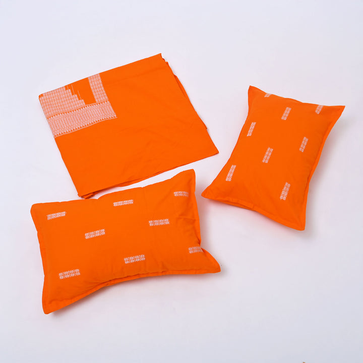Handwoven King|Size Bedsheet Set | Orange & White | Includes 2 Pillow Covers
