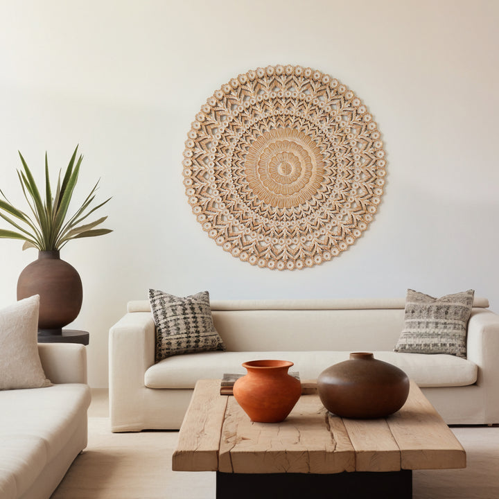 Wall Decor | Wooden Floral Hand Carved Mandala 48" Round Wall Art | Handmade Solid Wood Wall Hanging | Living Room, Bedroom & Entryway
