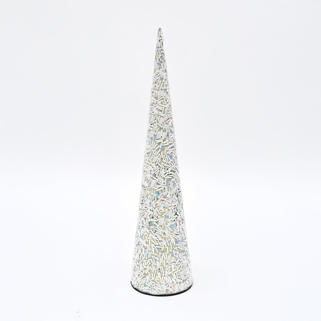 Silver Beaded Cone Christmas Ornament | 18" Festive Decor