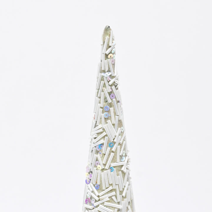 Silver Beaded Cone Christmas Ornament | 18" Festive Decor