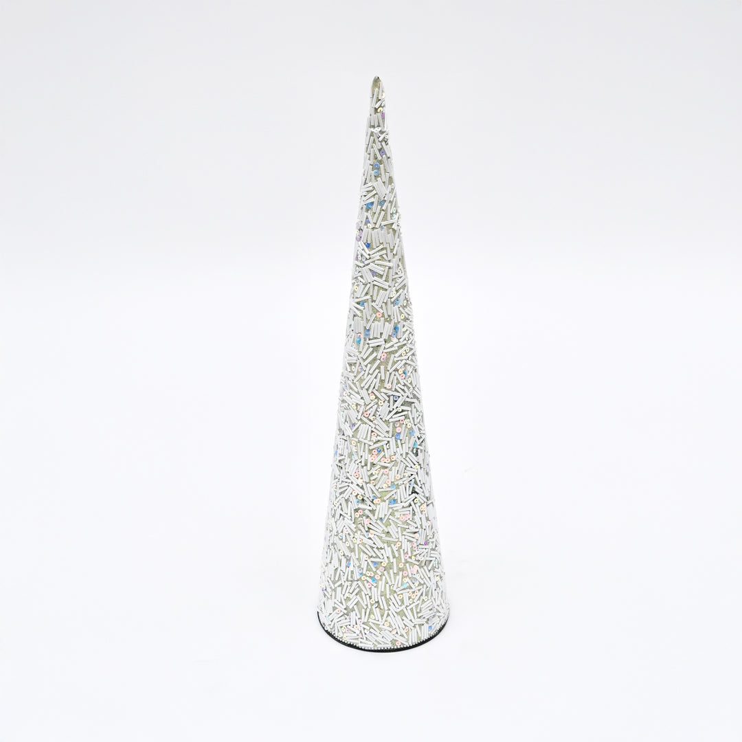 Silver Beaded Cone Christmas Ornament | 18" Festive Decor