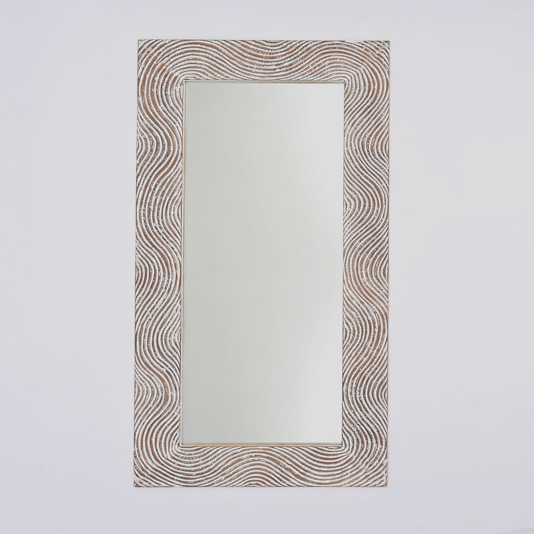 Wooden Wall Mirror | Rustic White Solid Wood Hand Carved Frame | Vintage Farmhouse Home Decor | Living Room, Bedroom & Entryway