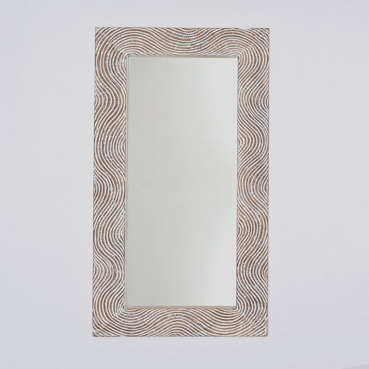 Wooden Wall Mirror | Rustic White Solid Wood Hand Carved Frame | Vintage Farmhouse Home Decor | Living Room, Bedroom & Entryway