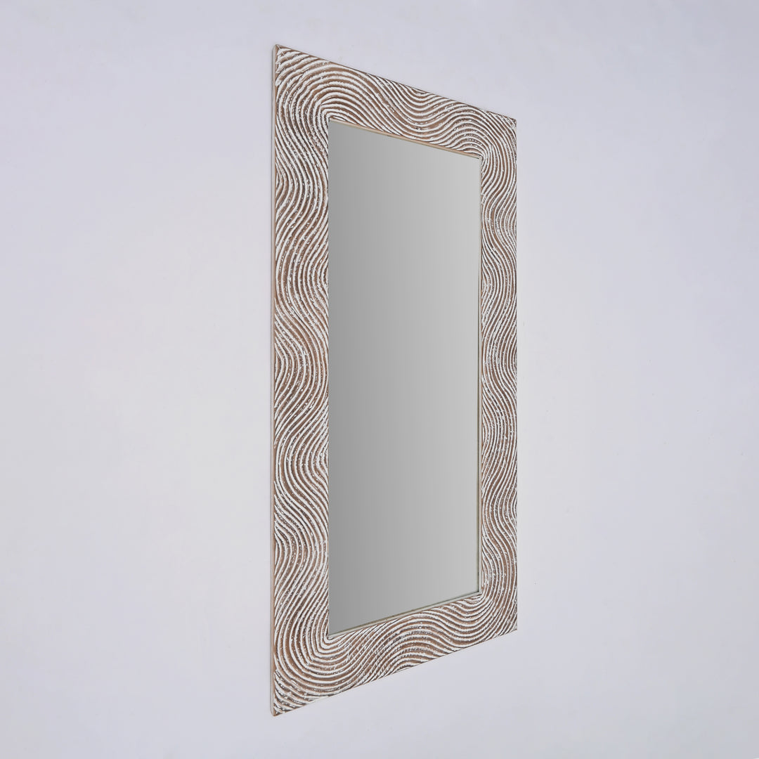 Wooden Wall Mirror | Rustic White Solid Wood Hand Carved Frame | Vintage Farmhouse Home Decor | Living Room, Bedroom & Entryway