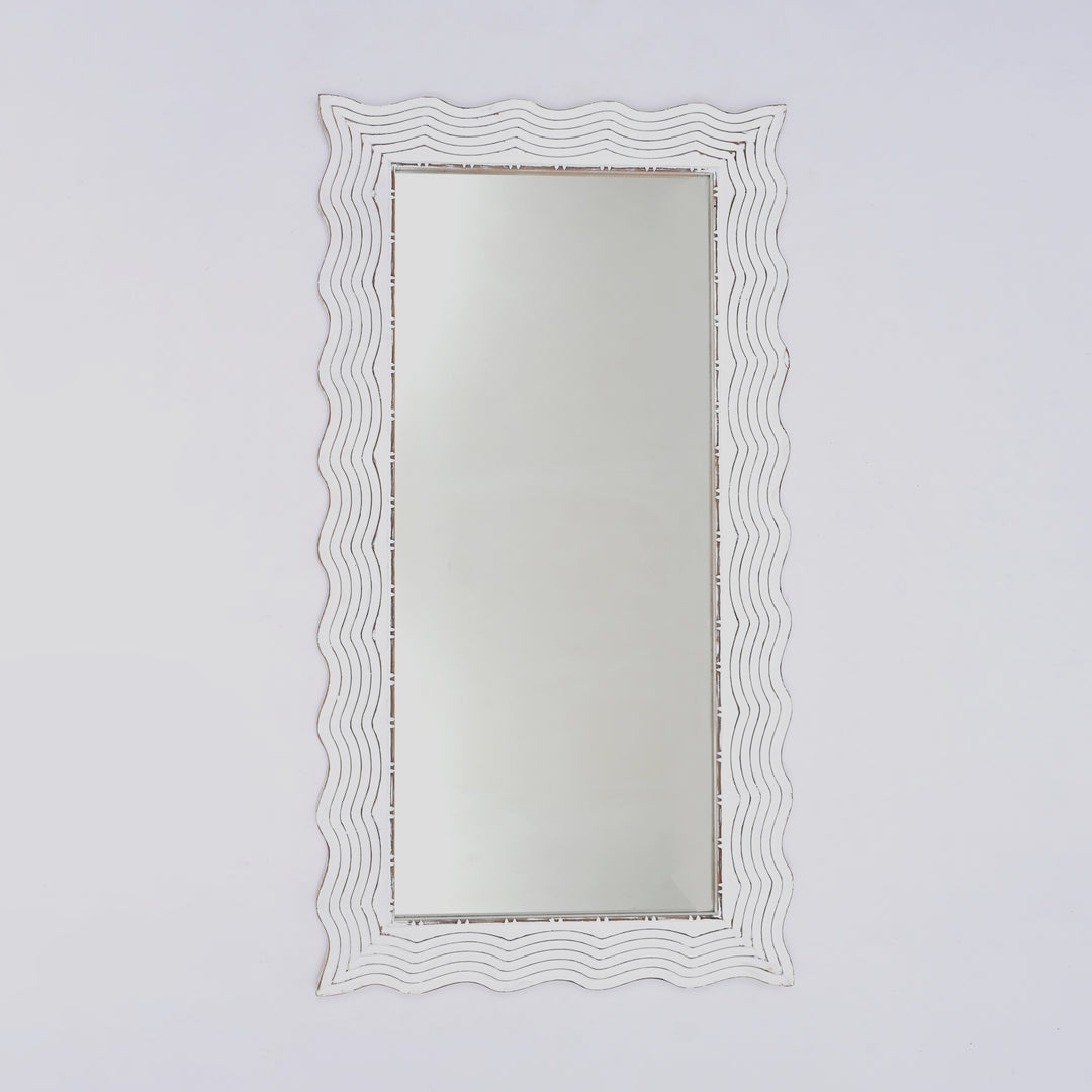 Wooden Wall Mirror | Rustic White Solid Wood Hand Carved Frame | Handmade Decorative Mirror Accent | Living Room, Bedroom & Entryway