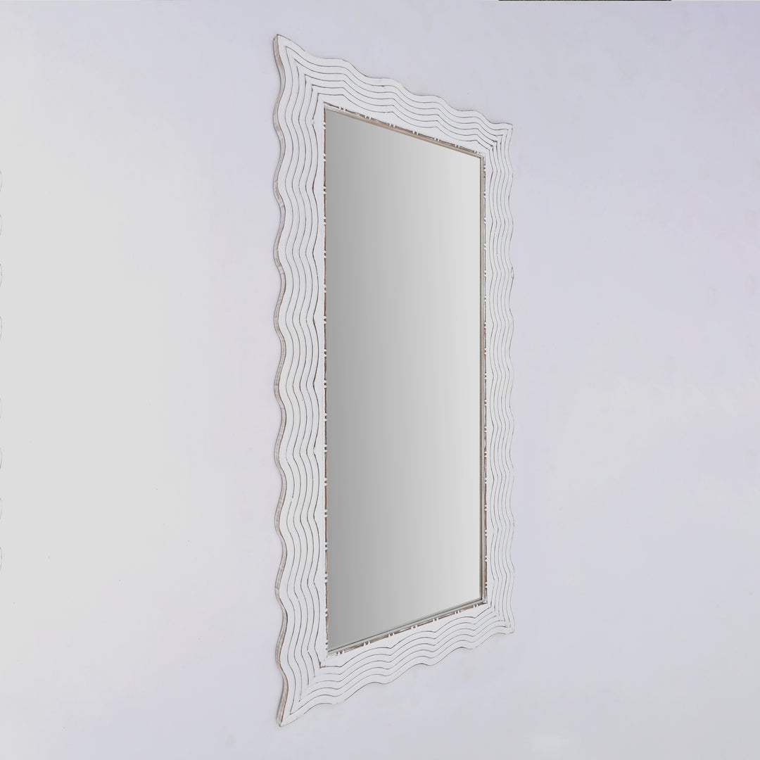 Wooden Wall Mirror | Rustic White Solid Wood Hand Carved Frame | Handmade Decorative Mirror Accent | Living Room, Bedroom & Entryway