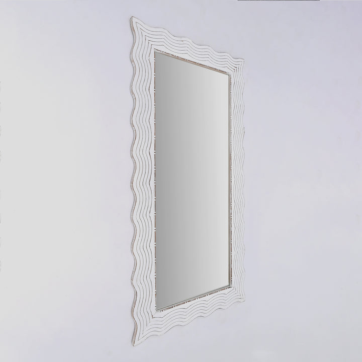 Wooden Wall Mirror | Rustic White Solid Wood Hand Carved Frame | Handmade Decorative Mirror Accent | Living Room, Bedroom & Entryway