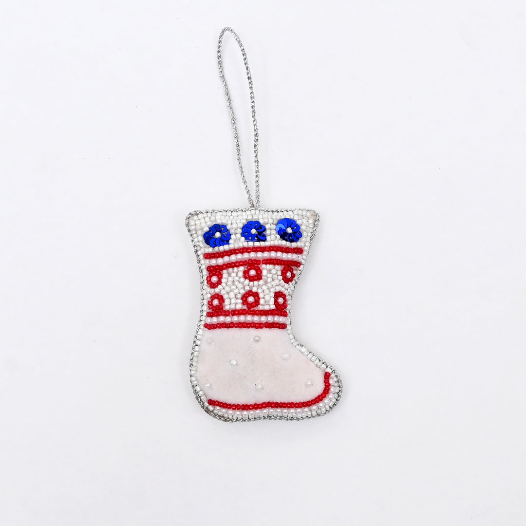 Decorative Hanging Stocking Ornament | White-Red-Blue Décor