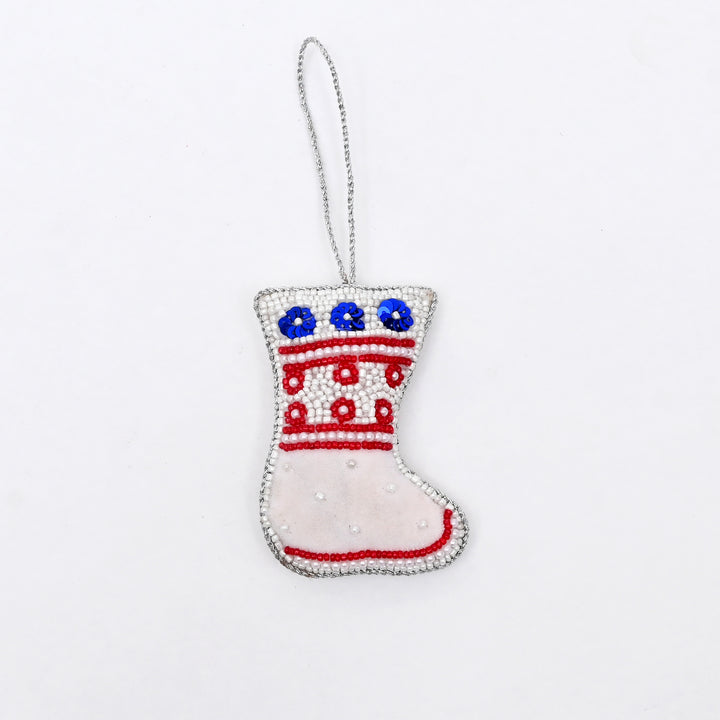 Decorative Hanging Stocking Ornament | White-Red-Blue Décor