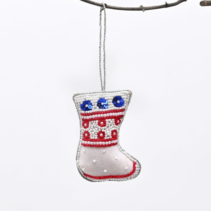 Decorative Hanging Stocking Ornament | White-Red-Blue Décor