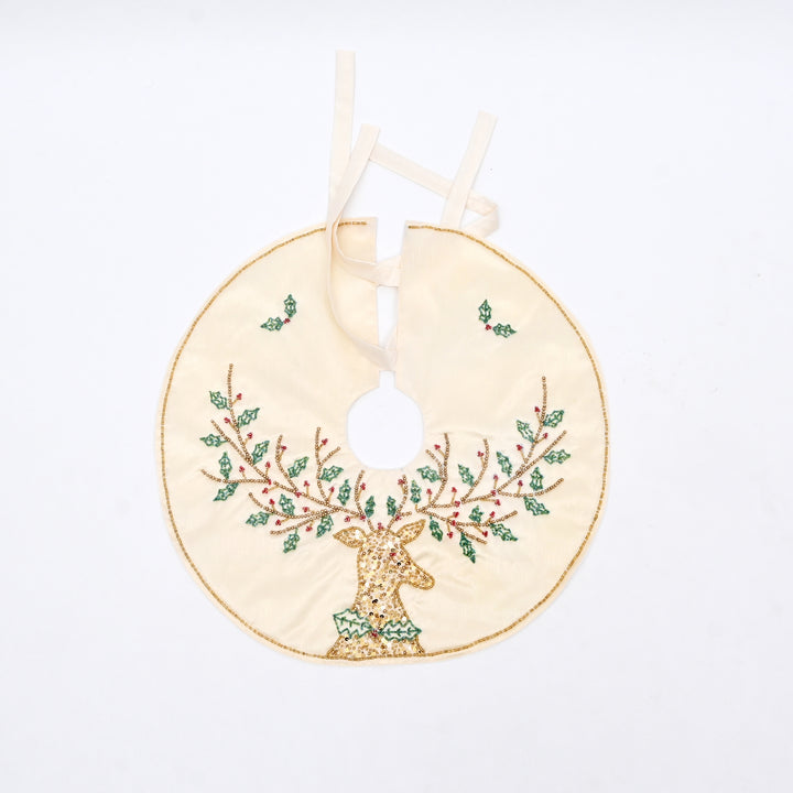 White Embroidered & Beaded Christmas Tree Skirt 22 Inch