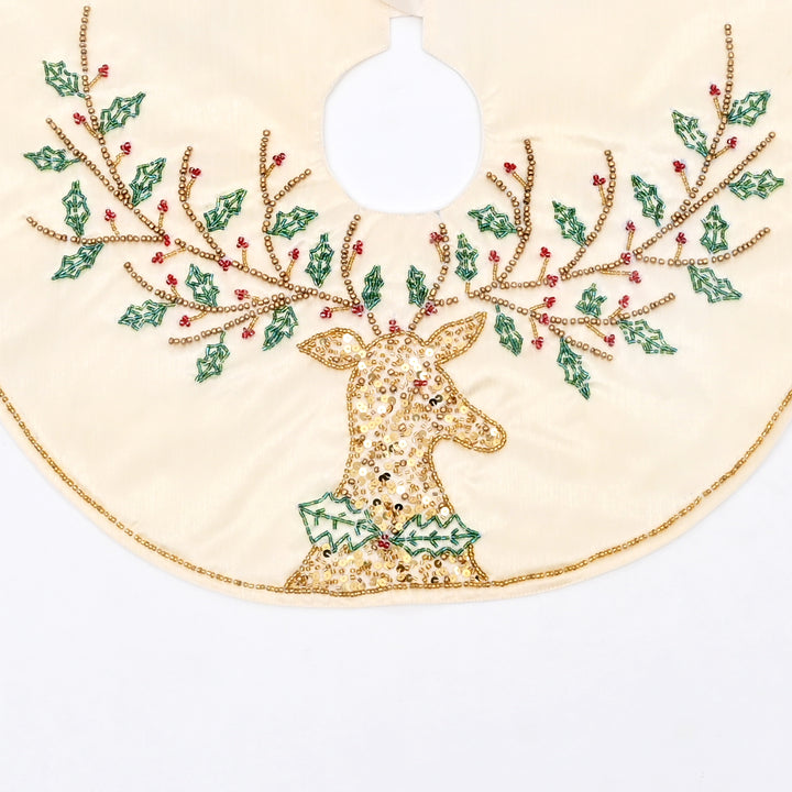 White Embroidered & Beaded Christmas Tree Skirt 22 Inch