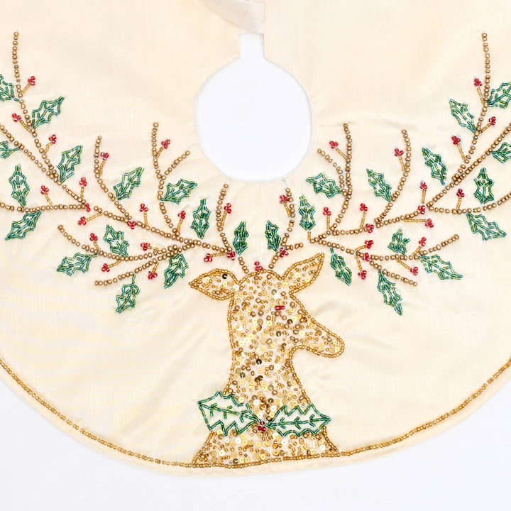 White Embroidered & Beaded Christmas Tree Skirt 22 Inch